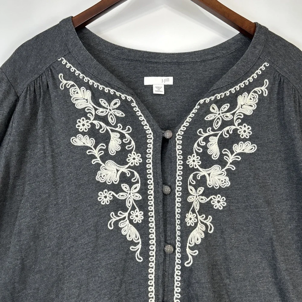 J Jill Womens Embroidered Top Size 2X Gray Button Up Modal‎ Stretchy Basic